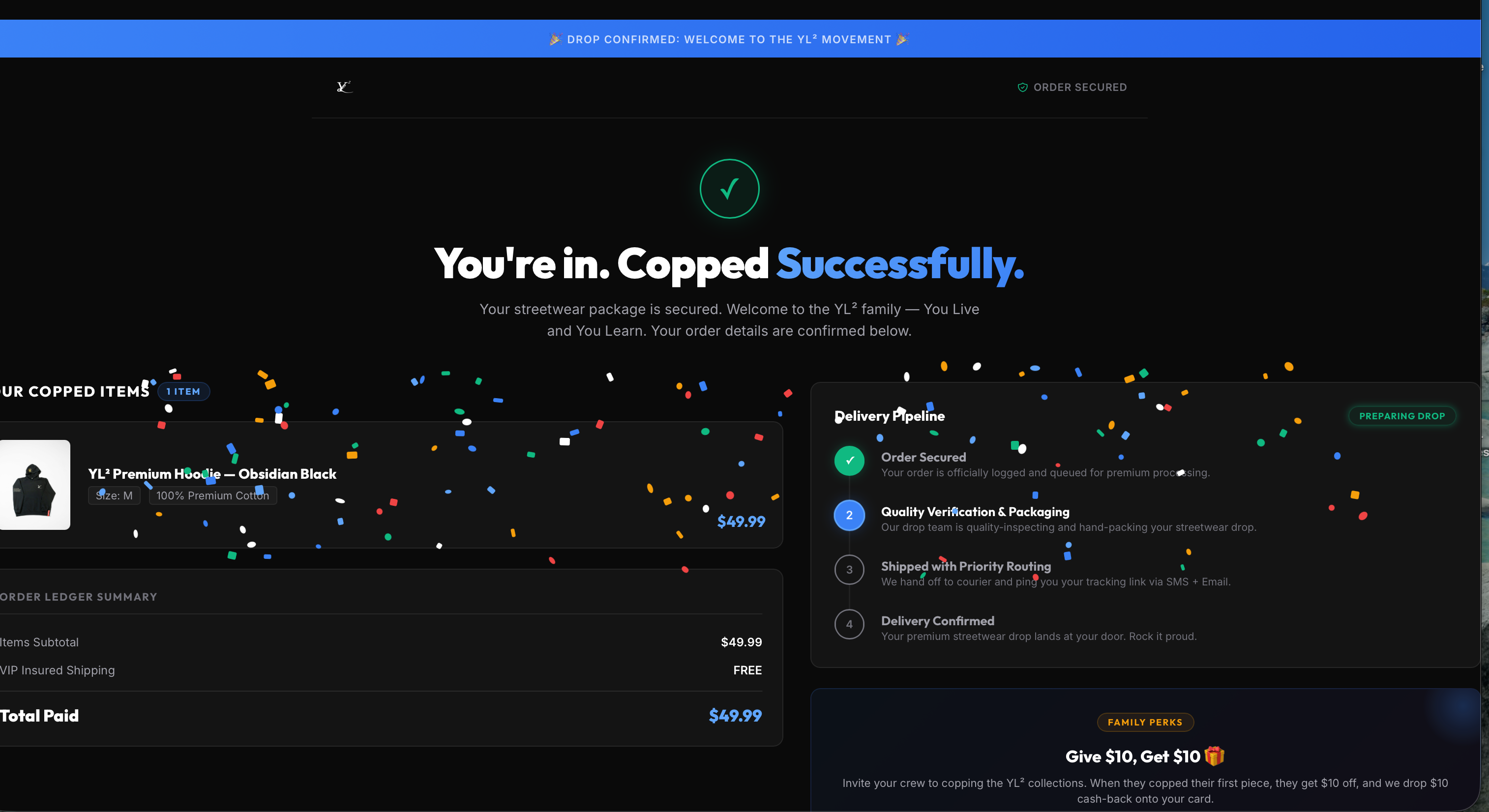 Order confirmation page with delivery pipeline